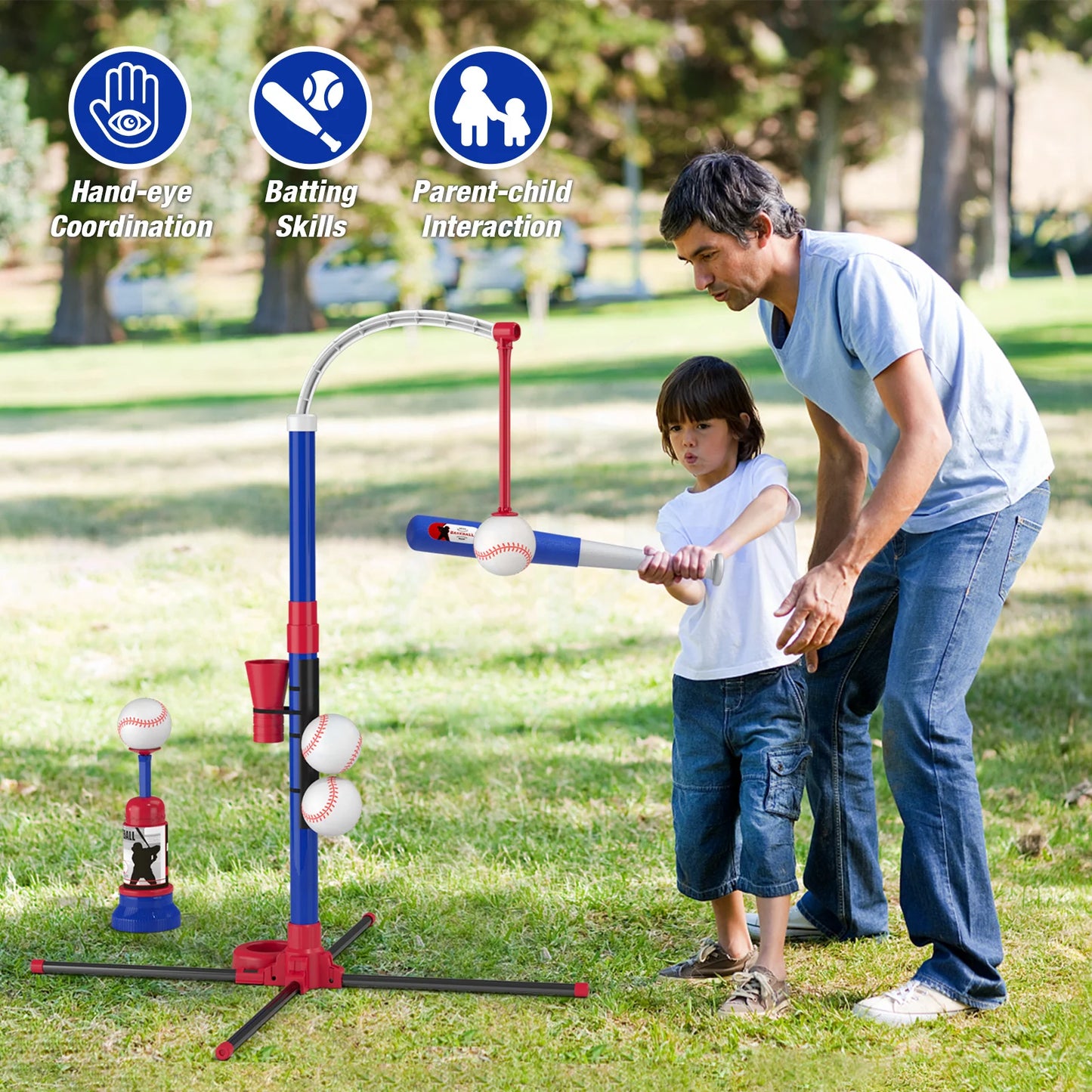 3 in 1 T Ball Set for Kids – Baseball with Hanging Tee, Standing Tee, and Automatic Launcher, Includes 6 Softballs, Indoor and Outdoor Sport Gift