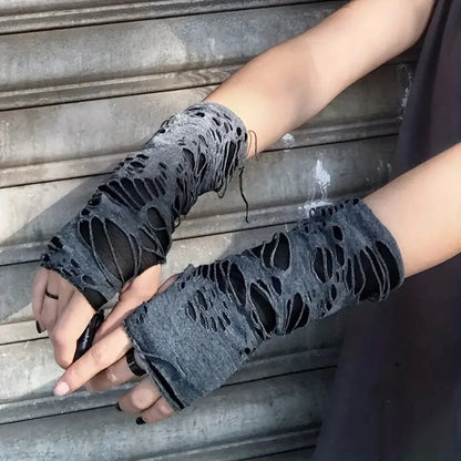 2024 New Gothic Fingerless Gloves - Fashionable and Durable Unisex Stretchy Gloves with Tear Design for Parties