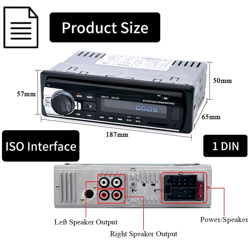 1 Din Car Radio Stereo Multimedia Player: Digital Bluetooth FM MP3 USB Input - Universal Autoradio with ISO Power Aux