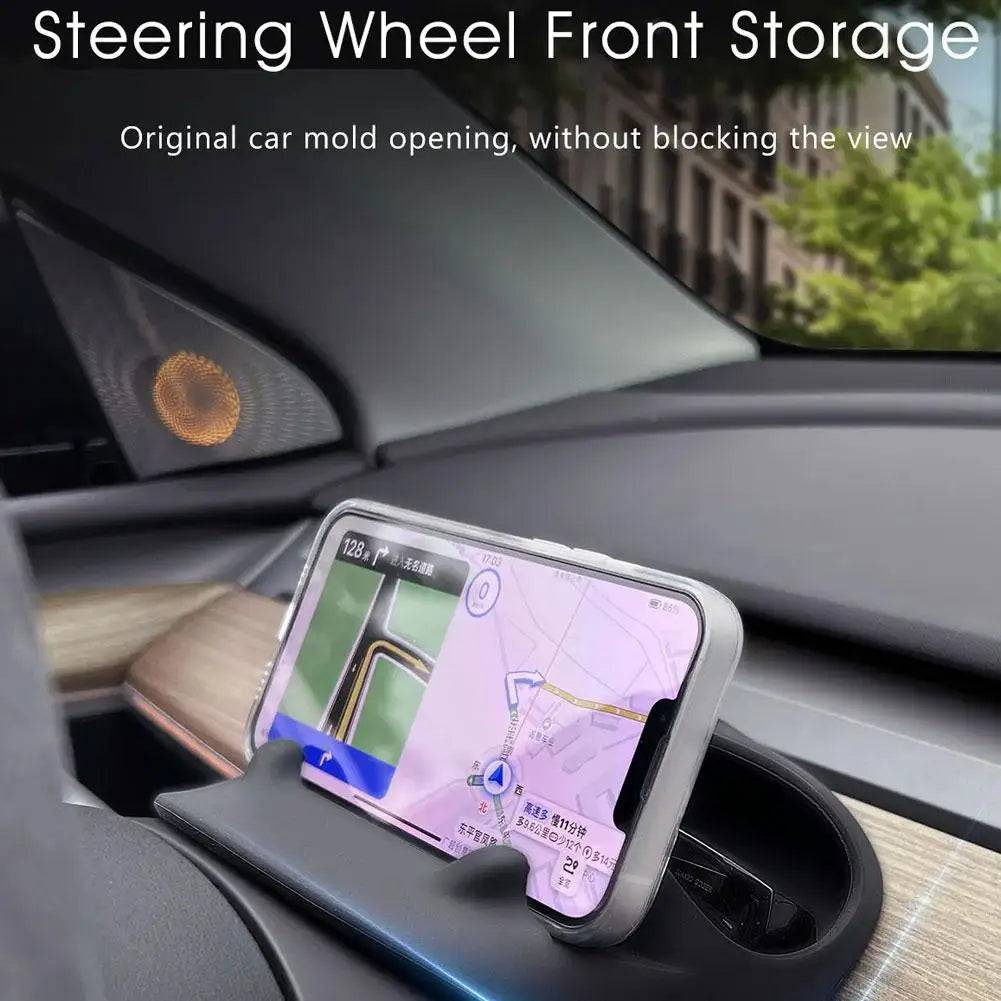 Herval Tesla Model 3/Y Cell Phone Holder: Silicone Glasses Support Stand - Steering Wheel Organizer and Accessory Holder