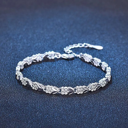 925 Sterling Silver Bracelet: Heart Leaf Design for Women - Noble Wedding Jewelry, Pretty Fashion Accessory, 20cm (8inch)