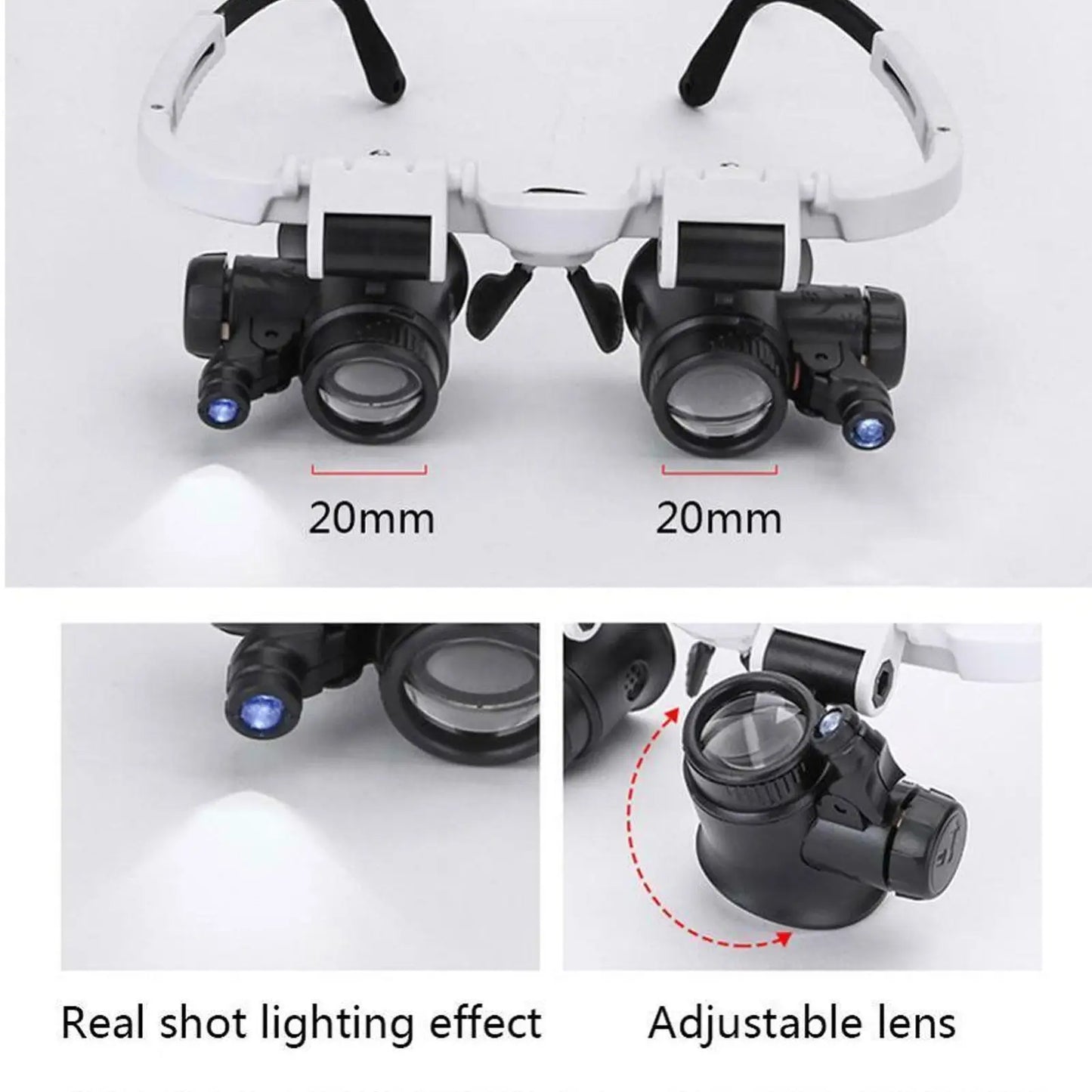 2X LED Watch Jeweler Repair Magnifier: Head-Mounted Adjustable Loupe Lens Glasses - 8X, 15X, 23X Magnification Headband Magnifying Head Eye