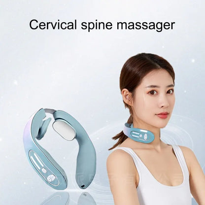 Blue Hot Compress Neck Massager - Cervical Massage Instrument with Micro Current Pulse Vibration - Kneading and Neck Physical Therapy