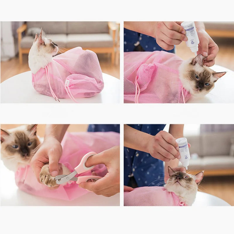 Adjustable Mesh Cat Grooming Bath Bag: Anti-Scratch Bite Restraint for Dogs & Cats - Pet Washing & Nail Trim Accessory