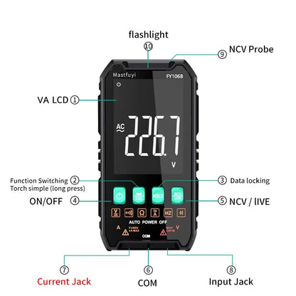 MASTFUYI Mini Digital Multimeter – Smart Electrician Tester for DC/AC Voltage, Capacitance, Ohm, Hz, NCV, Professional Multitester