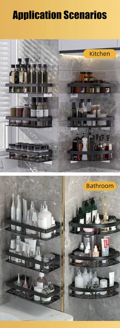 Aluminum Alloy Bathroom Shelf - No Drill Kitchen and Shower Storage Organizer, Wall Mounted Accessory Shelf