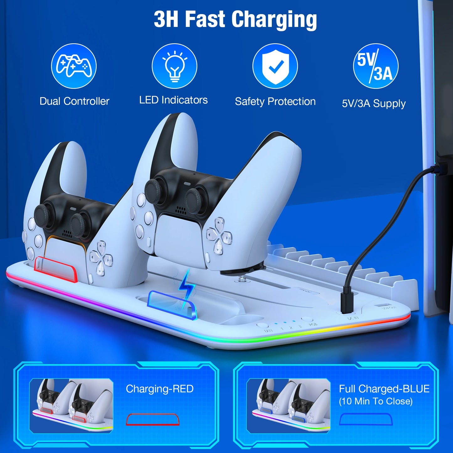 PS5 Slim Cooling Stand with RGB Light Fan - Dual Controller Charging Dock for PS5 Console (Disc & Digital Editions) | Controller Holder