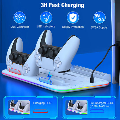 PS5 Slim Cooling Stand with RGB Light Fan - Dual Controller Charging Dock for PS5 Console (Disc & Digital Editions) | Controller Holder