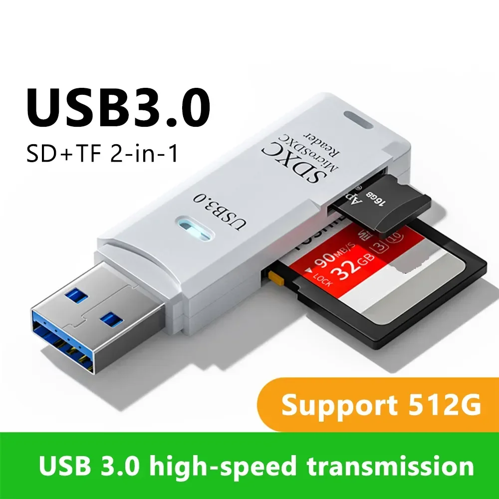 Mini High Speed 2-in-1 Multi Card Reader: USB 3.0 Micro SD TF Memory Flash Drive Adapter