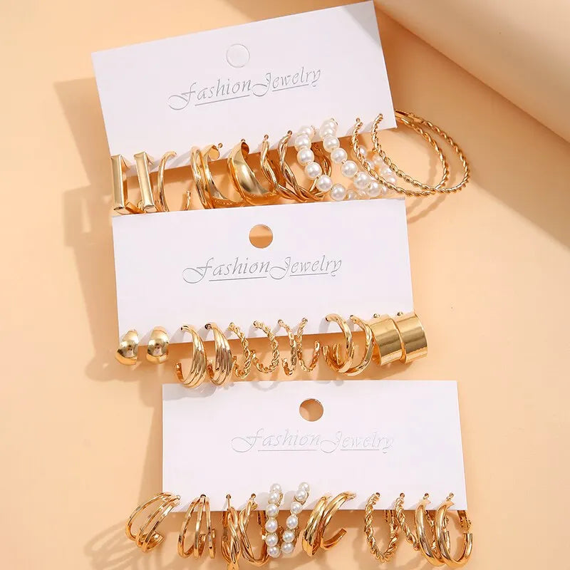 18Pcs Women's Earrings Set: C-Shaped Geometric Fake-Pearl Metal Earrings, Gold-Color Atmospheric Queuing Alloy