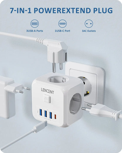 LENCENT 7-in-1 Wall Socket Extender - 3 AC Outlets, 3 USB Ports, 1 Type C, EU Plug Charger with On/Off Switch for Home Convenience