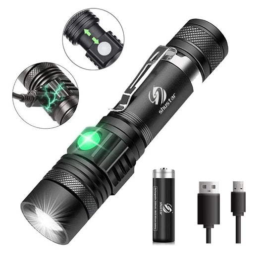 High Power Zoomable LED Flashlight - T6 Lamp Beads, Waterproof, 4 Lighting Modes, Multi-Function with USB Charger for Camping