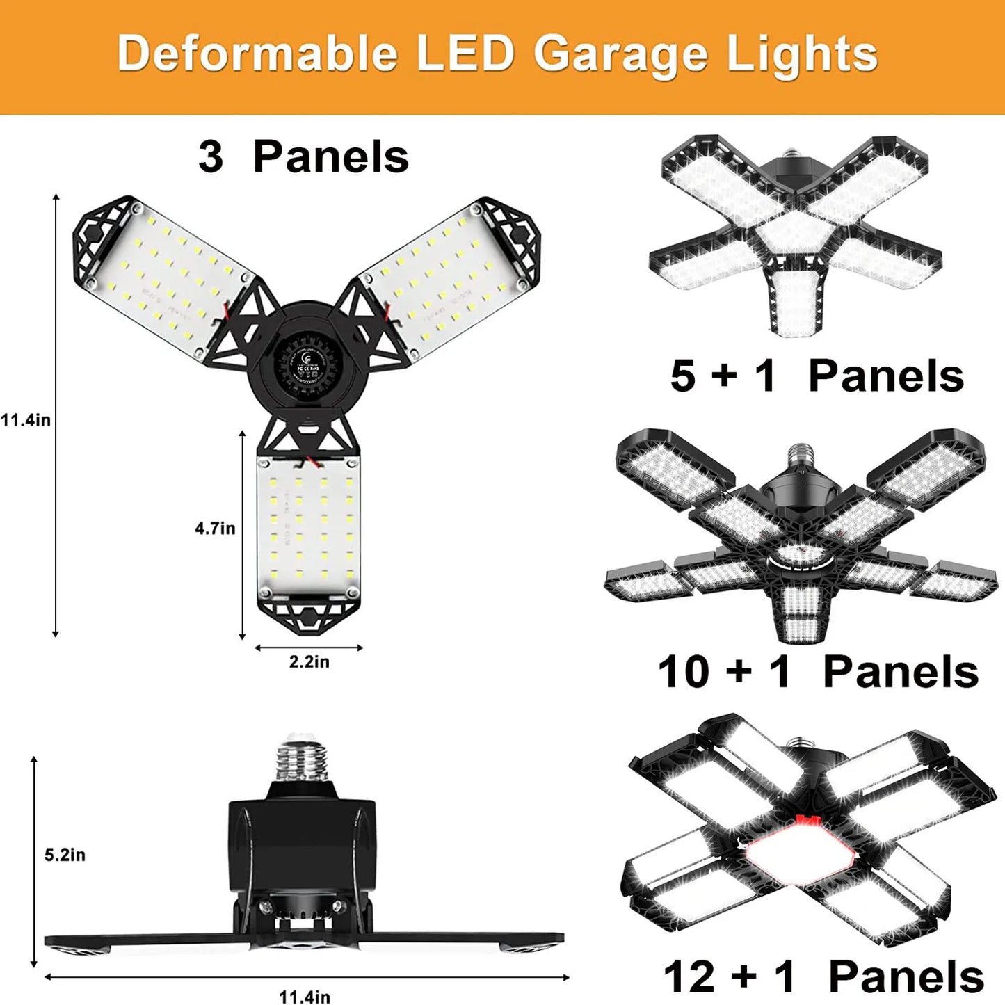 Deformable LED Garage Light: 3/5/10 Panels Industrial Lighting for Workshop - E26/E27 Ceiling Night Lamp for Shop Storage Warehouse