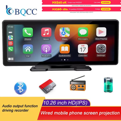 BQCC 10.26-Inch Portable Wireless CarPlay Screen - HD Rear Reversing Camera, Car Radio, DVR, MP5 Multimedia Video Player with Android Auto