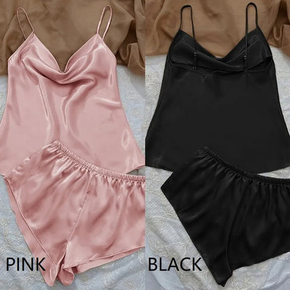 Ice Silk Women's Pajama Set - Camisole and Shorts Sleepwear, V-Neck Low Cut, Smooth Casual Summer PJ's in Pink, Black, Blue, Sizes M, L, XL