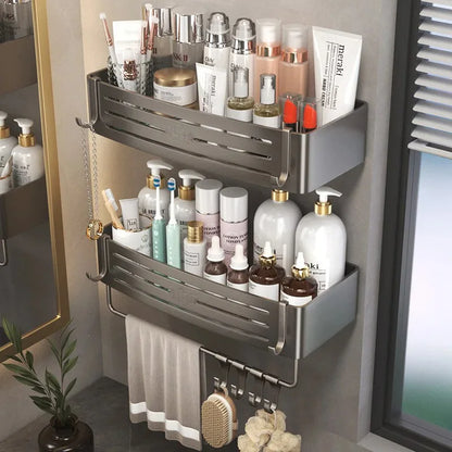 No Drill Wall Mounted Bathroom Shelf - Aluminum Alloy Shampoo and Makeup Storage Holder, Kitchen Organizer and Bathroom Accessories