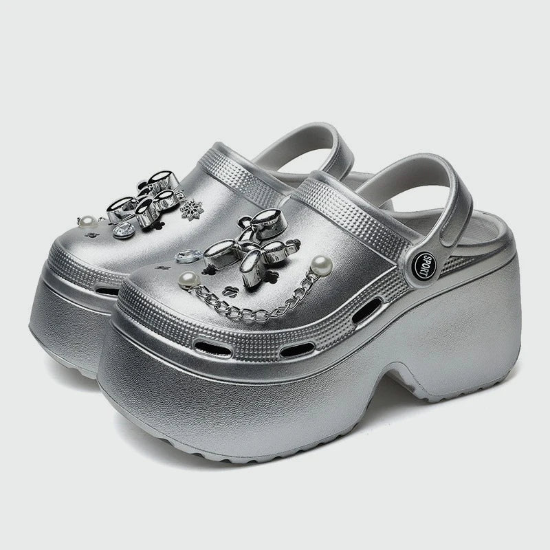 Women's Silver Platform Clogs - Summer 2024 Comfortable Slip-On Wedge Sandals with Fashion Chain, Thick Sole Garden Shoes