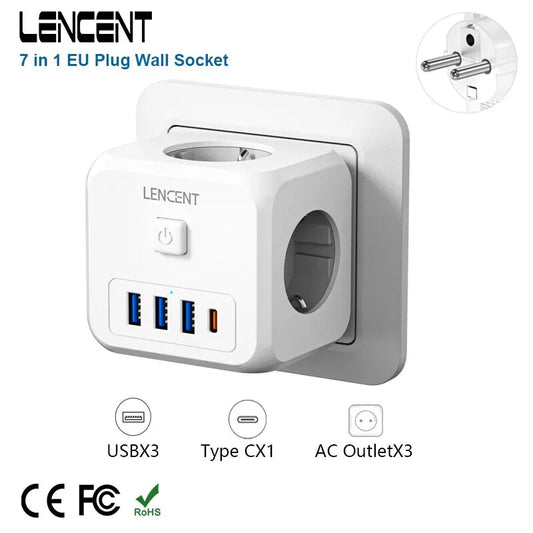 LENCENT 7-in-1 Wall Socket Extender - 3 AC Outlets, 3 USB Ports, 1 Type C, EU Plug Charger with On/Off Switch for Home Convenience