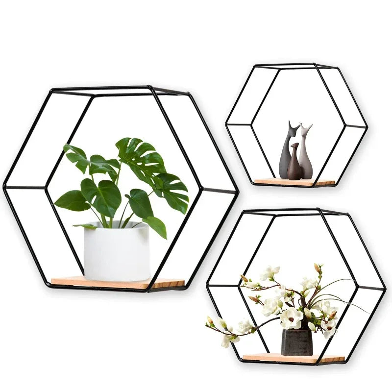 Floating Wall Shelf – Hexagon Sundries Storage Holder, Wall-Mounted Handicraft Display Rack for Living Room Home Decoration