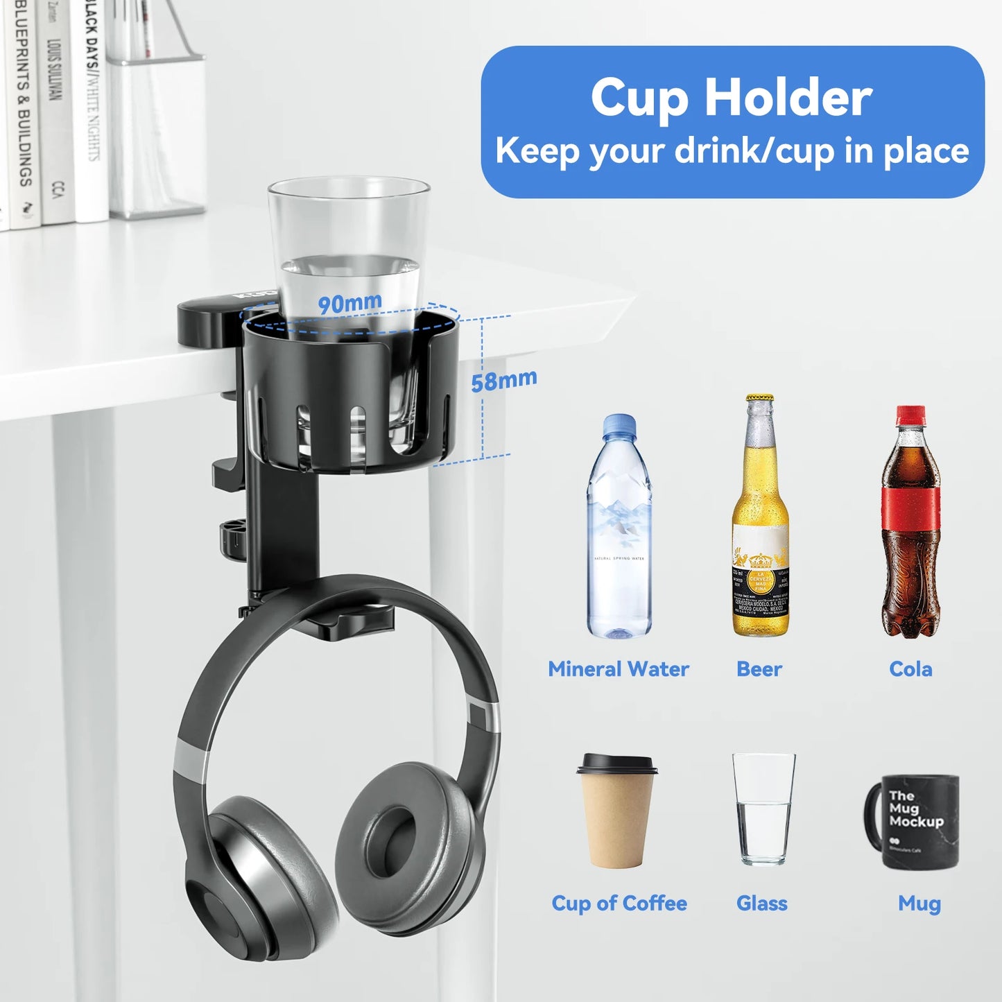 Rotatable Controller Stand 5 in 1 - Under Desk Clamp, Headphone Hanger, Replaceable Cup Holder, Compatible with Universal Headsets