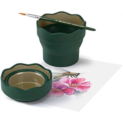 Faber-Castell Clic & Go Artist Water Cup: Dark Green Paint Brush Washer with Folding Retractable Design