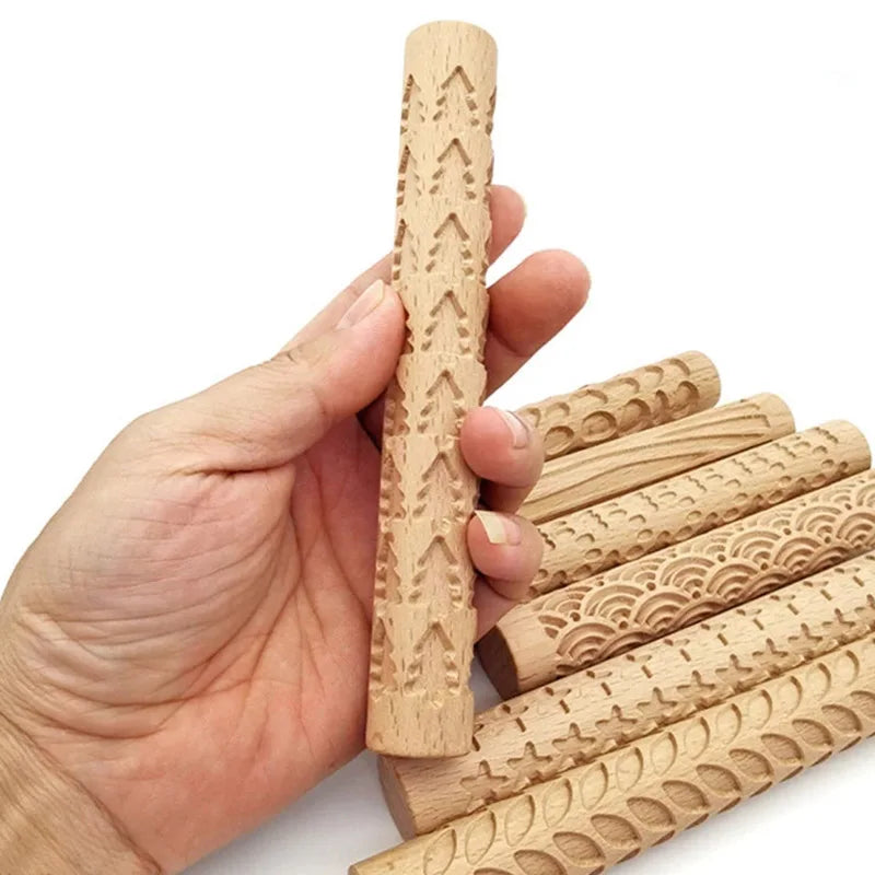 3D Embossed Pottery Rolling Pin - Wooden Hand Pressure Roller for Home Kitchen Baking, Pie and Cookie Making, Handmade Tool Supplies