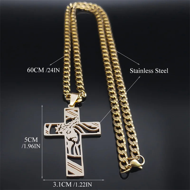 Hip Hop Punk Crown of Thorns Jesus Cross Necklace - Gold Plated Stainless Steel Crucifix Pendant for Men, Jewelry N8052