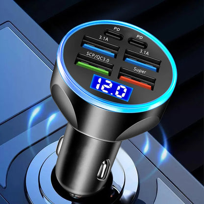 250W PD Car Charger - QC3.0 Fast Charge, 5-Port Cigarette Lighter Plug with Digital Display, Flash Charge