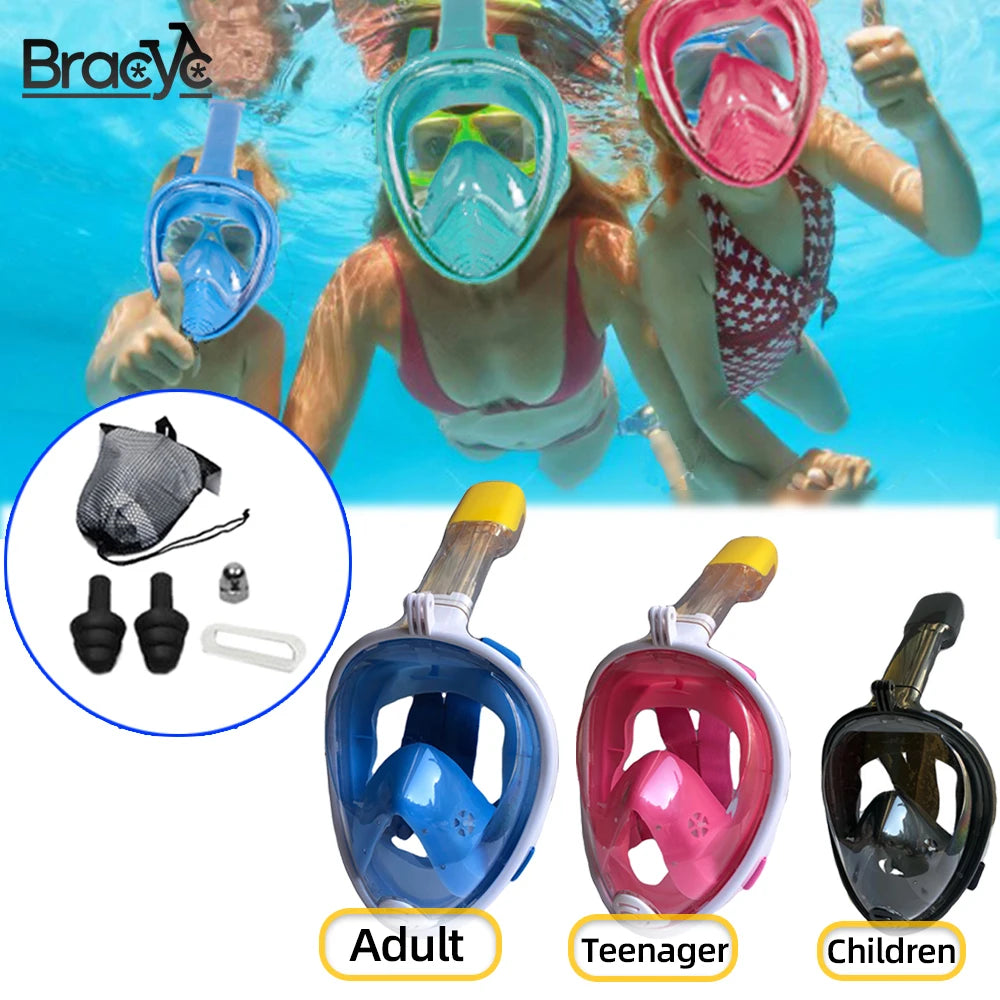 Underwater Snorkeling Full Face Mask Set - Anti-Fog Scuba Diving Respirator for Kids and Adults, Safe Breathing Swimming Mask