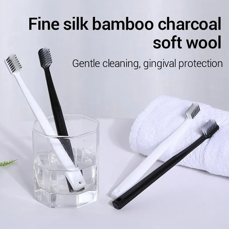 10PC Bamboo Charcoal Toothbrush Set - Silk Soft Bristles, Black and White, Men's and Women's, Family Toothbrushes