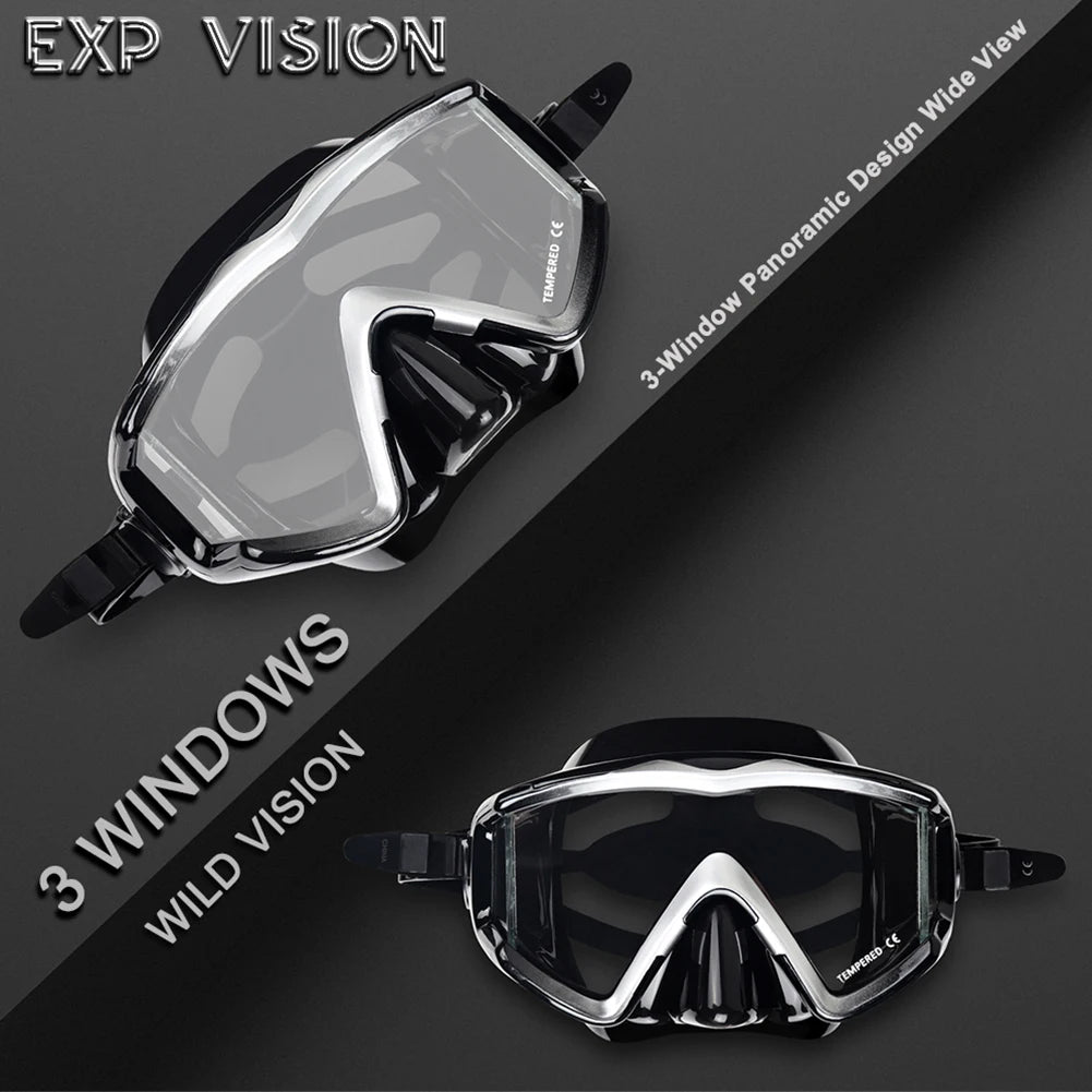 Adult Pano Scuba Diving Mask – 3 Panels Tempered Glass Snorkeling Mask with Nose Cover for Premium Swim Goggles