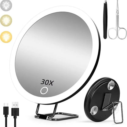 6 Inch Magnifying Mirror with Light - 5X-30X Portable Travel Mirror, 360° Adjustable Stand, Suction Cup