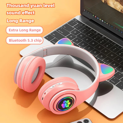 P91H Cute Cat Ears Bluetooth Wireless Headphones – With Mic, LED Flash Light, Stereo Music, Foldable Design