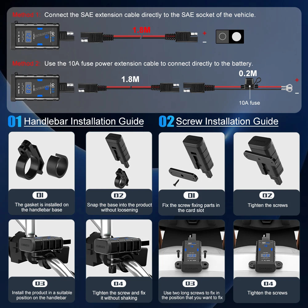 Extractme 6.8A QC3.0 Waterproof Motorcycle USB Charger: 12V Power Supply Adapter with Voltmeter Socket - Moto Phone Charging Solution
