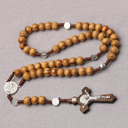 Catholic Wood Beaded Rosary Necklace - INRI Crucifix Cross Pendant Long Chain, Religious Prayer Jewelry for Men & Women