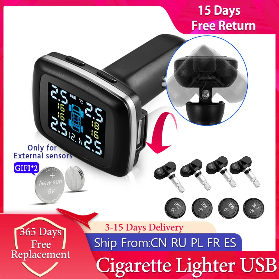 Smart Cigarette Lighter USB TPMS - Car Tire Pressure Alarm Monitor System with 4 Sensors, Displaying Tyre Pressure and Temperature