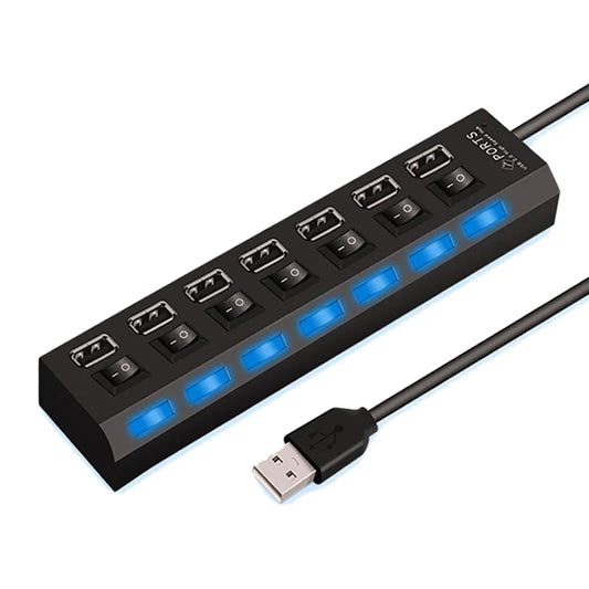 High-Speed 4/7 Ports USB 2.0 Hub – Multi USB Splitter Adapter with LED Lamp and Switch, Expander Extender for PC and Laptop