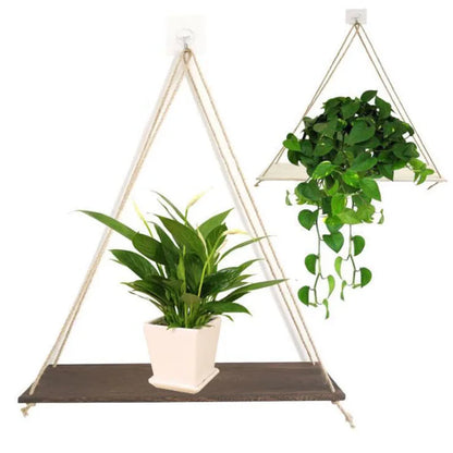 Hanging Rope Flower Pot Storage Rack – Wooden Wall Decoration for Home and Garden