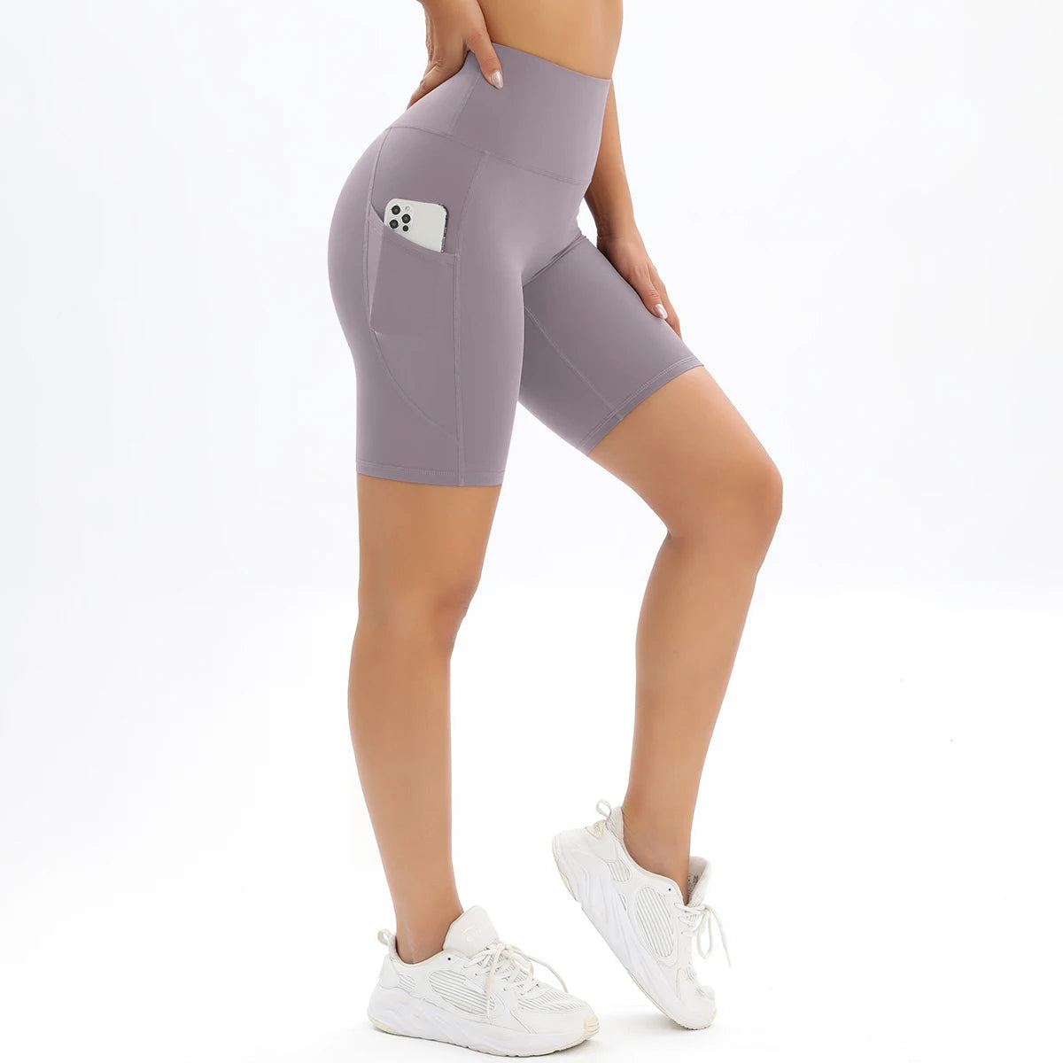 Breathable Fitness Shorts for Women: High Waist Yoga & Cycling Pants with Pocket - No Awkward Lines