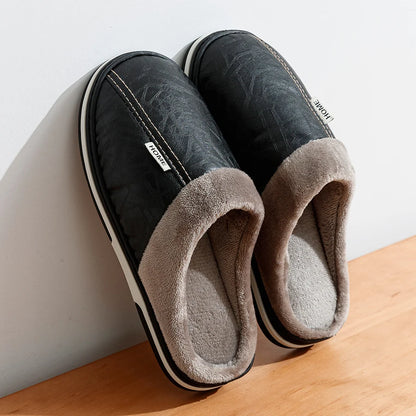 Men's PU Leather Slippers - Large Sizes, Waterproof Fur-Lined Indoor Winter House Shoes