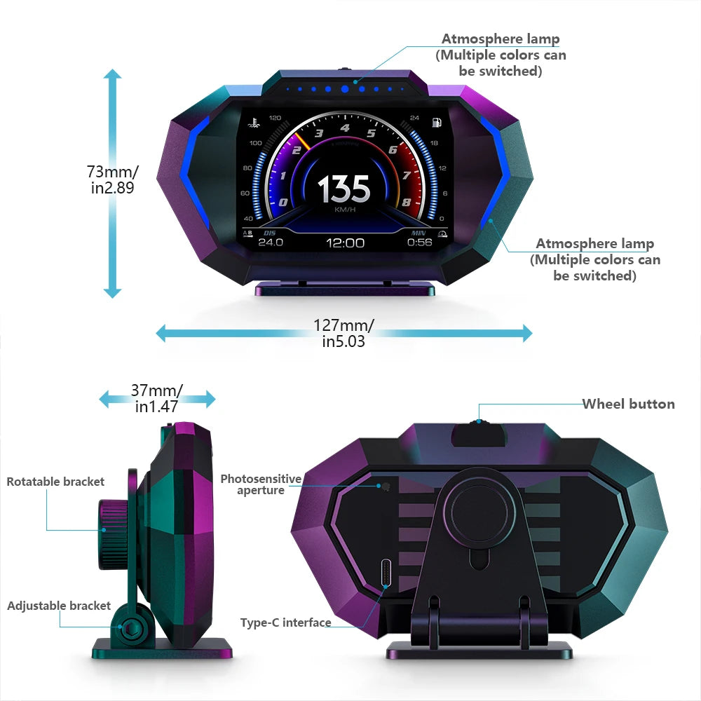 OBD + GPS HUD P24 Car Head Up Display - Digital Speedometer, Water Temp, Fuel Consumption, Slope Meter