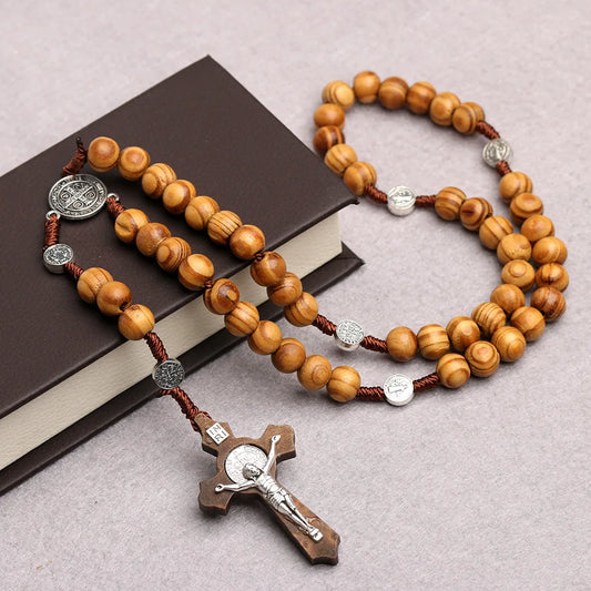 Catholic Wood Beaded Rosary Necklace - INRI Crucifix Cross Pendant Long Chain, Religious Prayer Jewelry for Men & Women