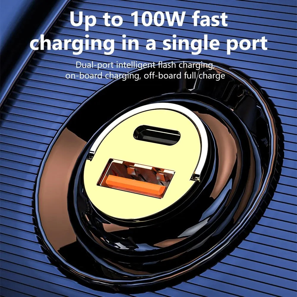 120W Transparent Invisible Pull Ring Car Charger | USB Type C Fast Charging QC3.0 PD Phone Charger | iPhone Xiaomi Samsung Compatible