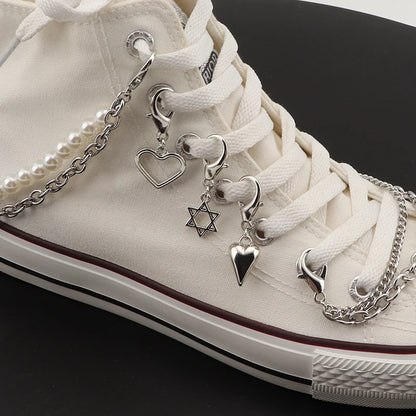 Sweet Cool Stainless Steel Shoe Decorations: Hollow Star Love Pendant Pearl Double Layer Bling Rhinestone Shoe Chain Croc Charms