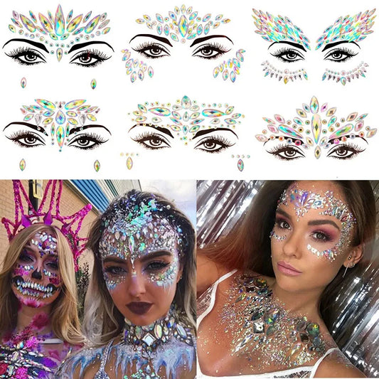 3D Rhinestone Bright Face Stickers for Festival: Glitter Makeup Jewelry Sticker with Crystals, Gems, Diamonds Decoration