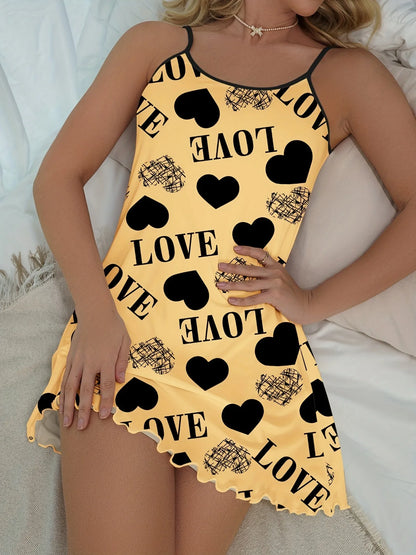 Casual Heart and  Letter Print Nightdress - Lettuce Trim Sexy Slip Short Nightdress, Women's Sleepwear and Dresses