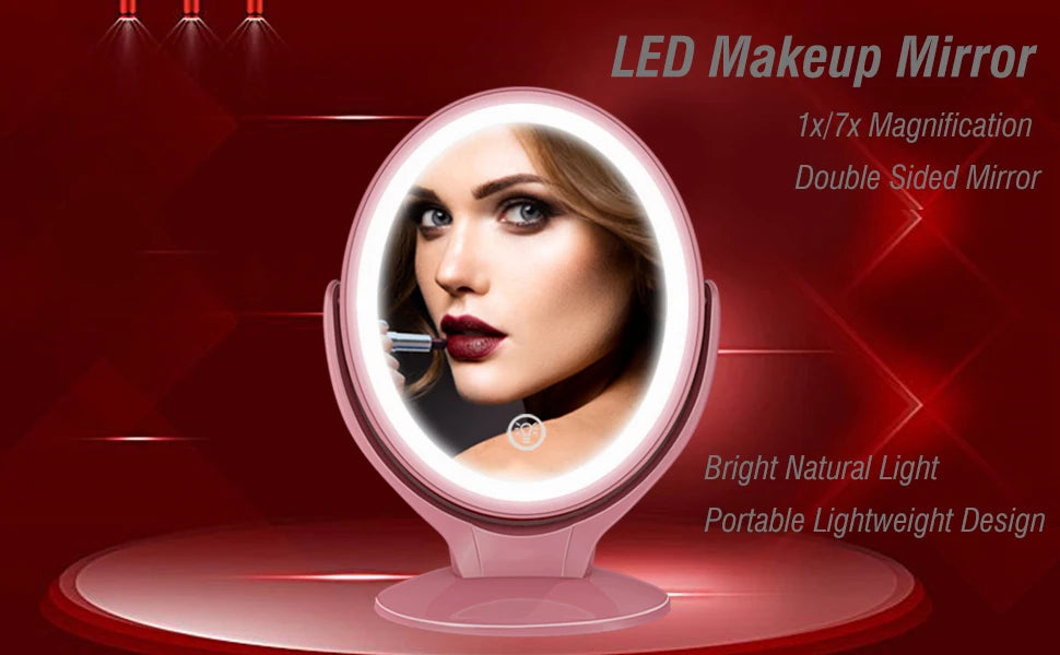 Double-Sided 1X/7X Magnifying LED Makeup Mirror with Light - USB Rechargeable, 360° Rotating Freestanding Design