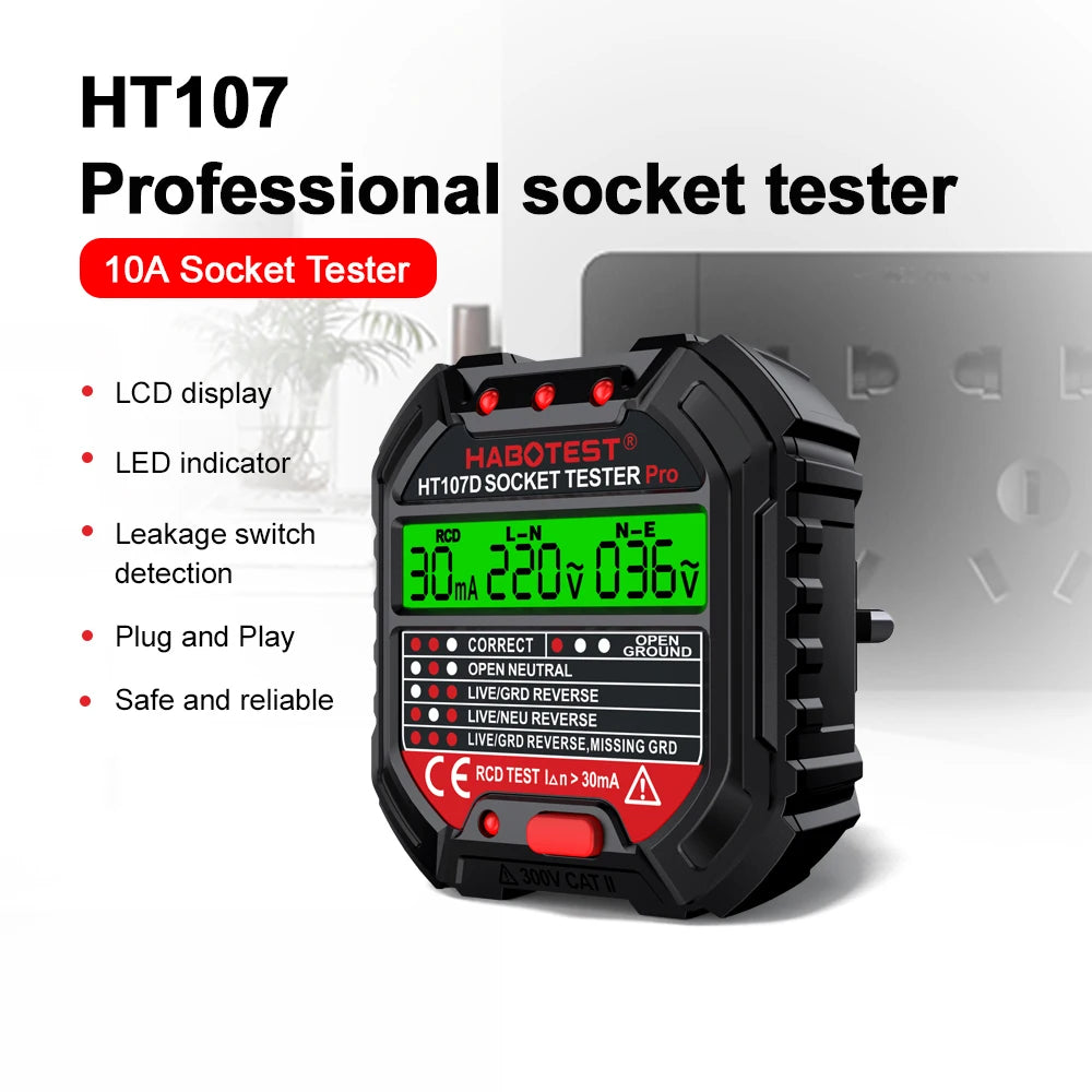 HT107 Socket Tester Pro - Voltage & RCD Test, Socket Detector for UK, EU, US Plugs | Ground, Zero Line, Polarity, Phase Check