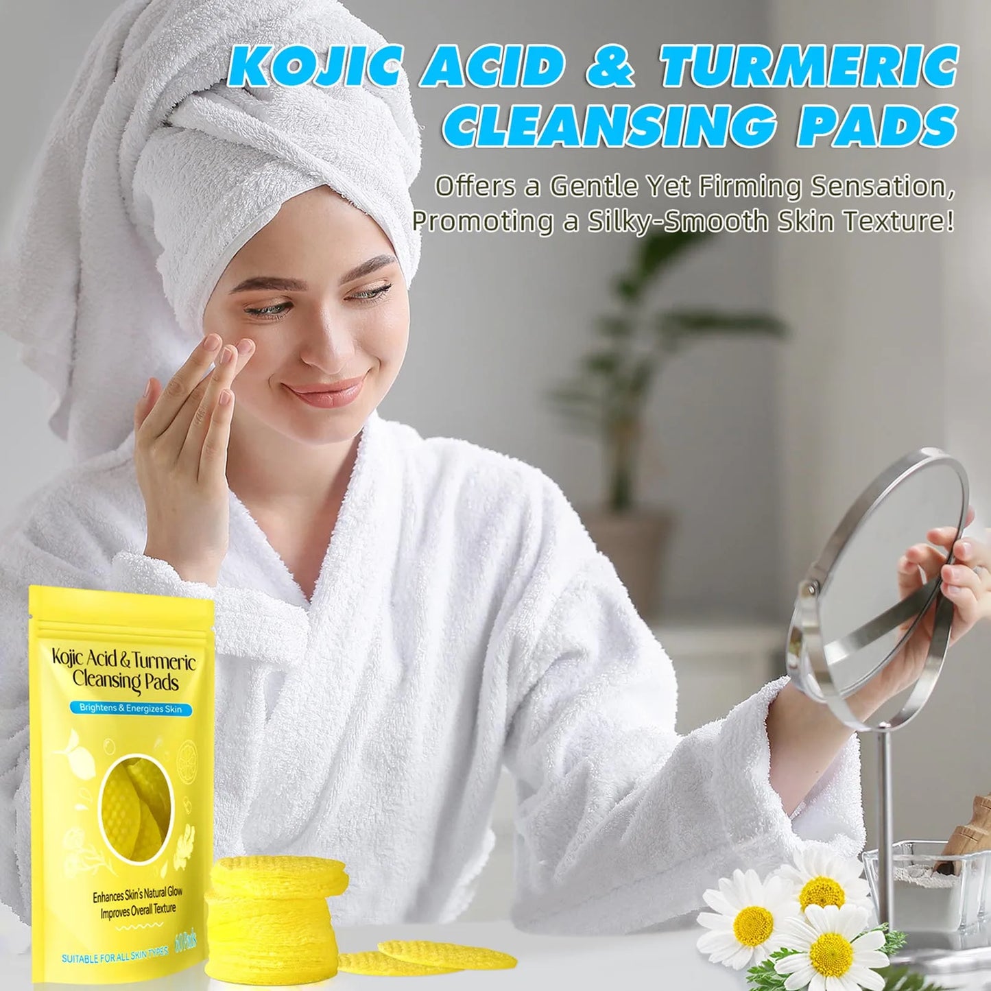 60/120pcs Kojic Acid and Turmeric Cleansing Pads - Deep Cleansing Face and Body Sponge for Smooth, Glowing Skin