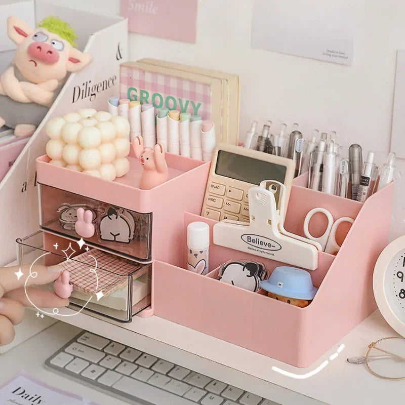 Desktop Transparent Cosmetics Storage Box – Organizer with Drawers and Pen Holder for Office Desks